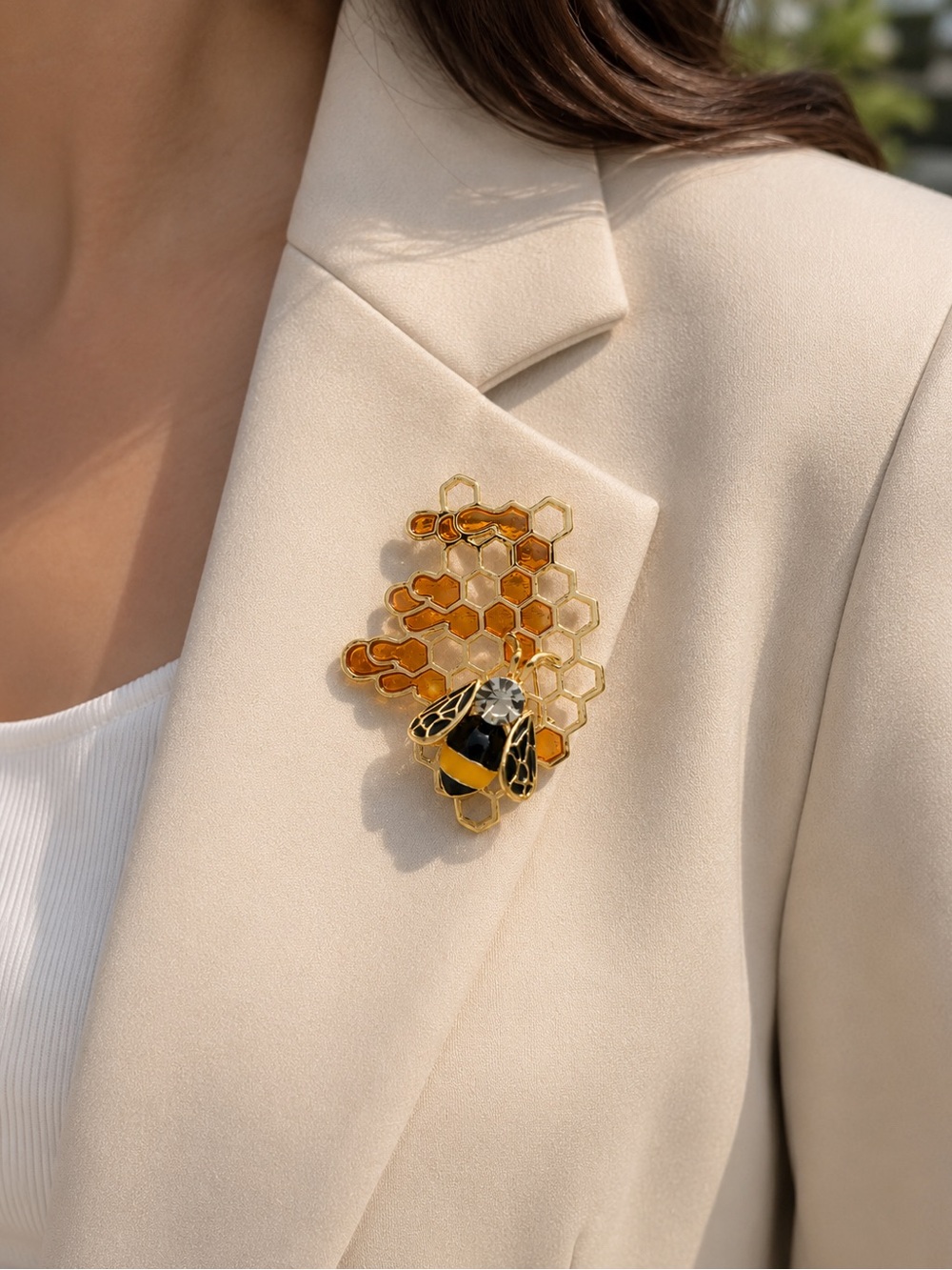 Vintage Inspired Honey Bee Honeycomb Brooch Gold Tone Pin